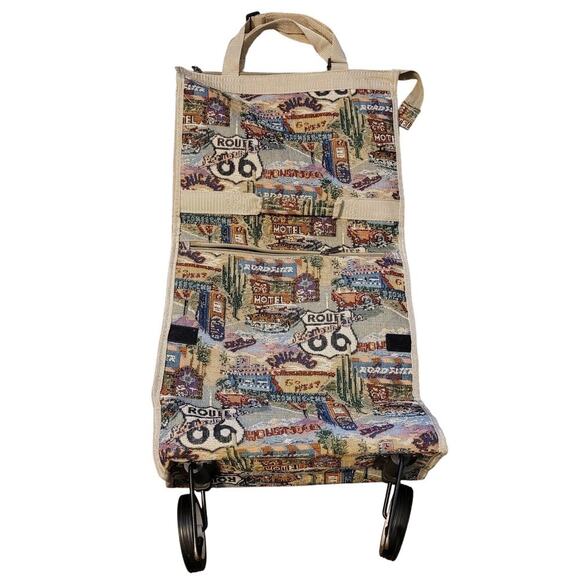 Vintage Pioneer Express Route 66 Motel Hot Rod Wheeled Tapestry Travel Bag Zip - Picture 1 of 8